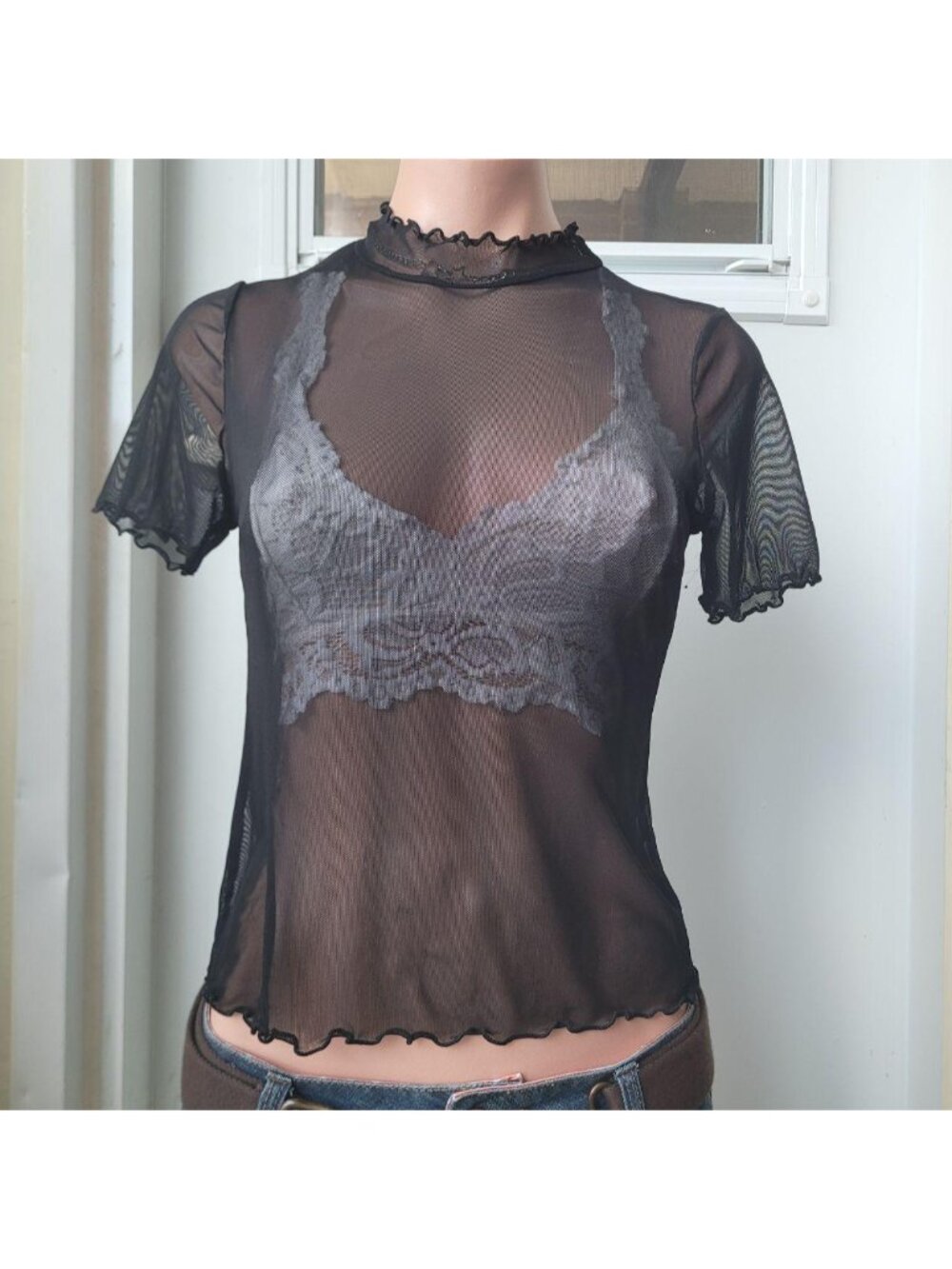 Fashion Nova Black Mesh See-Through Cyber Grunge Crop Tee (One Size)